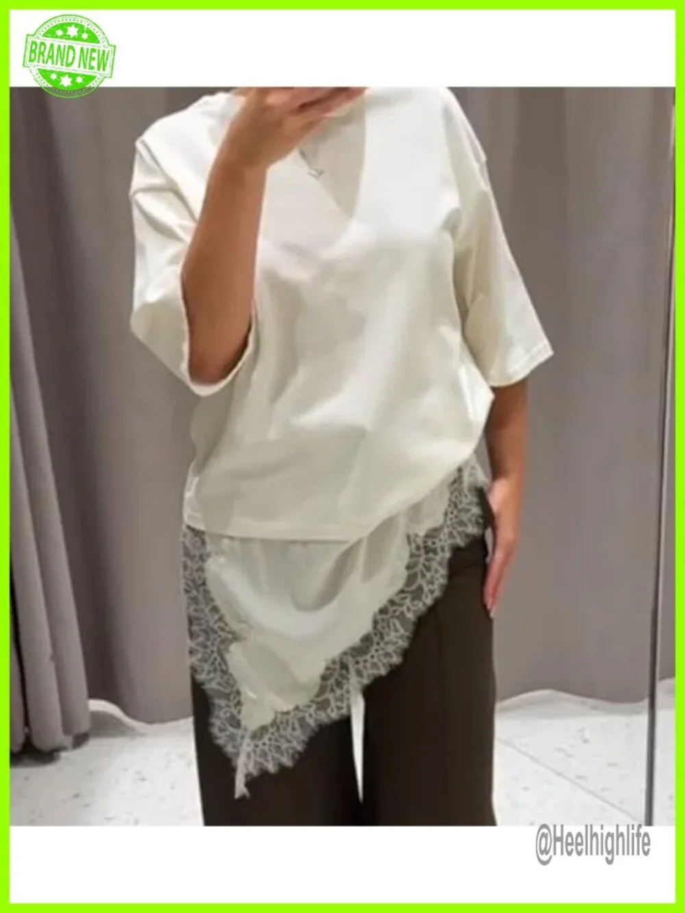 Lace T-Shirt Oversized Crewneck Short Sleeve Asymmetrical Hem Womens Tee